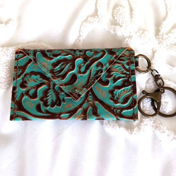 Turquoise and Brown Leather Tooled Artisan Keychain/C Card Money /Mini Wallet - Picture 2 of 10